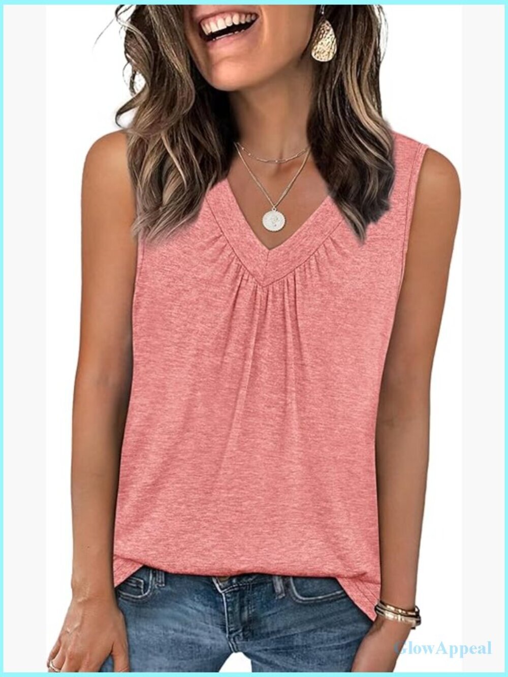 Loose Fit V-Neck Tank Top with Ruched Front and Curved Hem